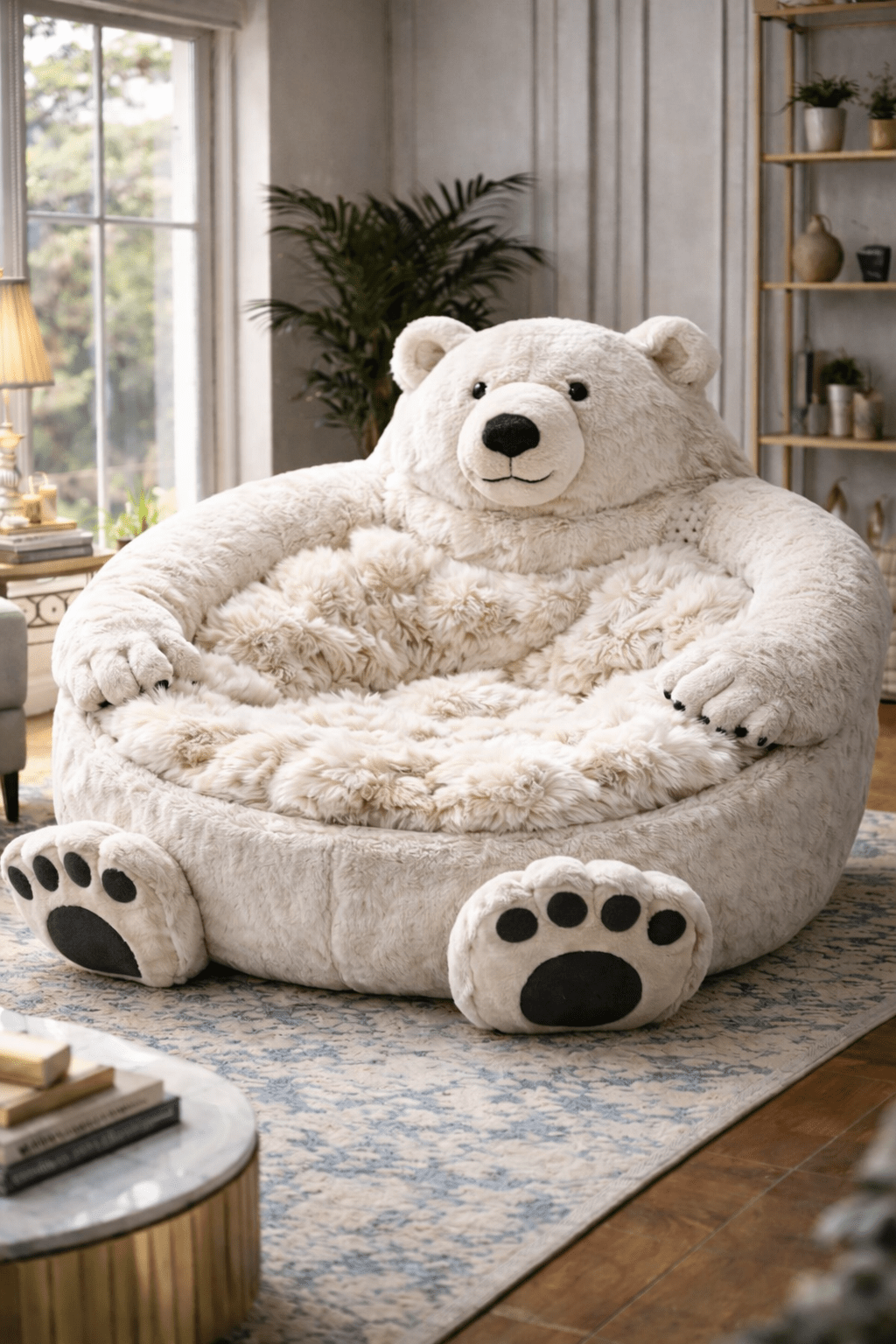 Neutral cream polar bear plush lounger chair with paw foot detailing