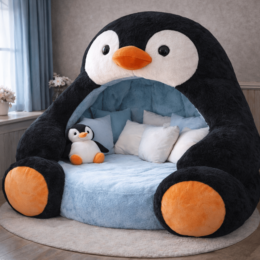 Large black penguin lounge pod featuring a soft blue interior and orange beak details