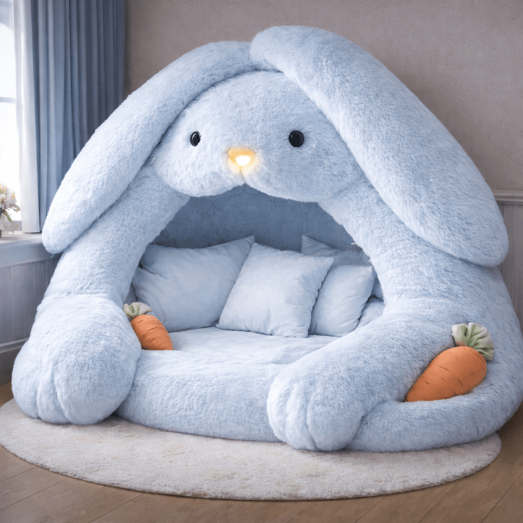 Oversized sky blue bunny reading nook chair with cushions and carrot décor