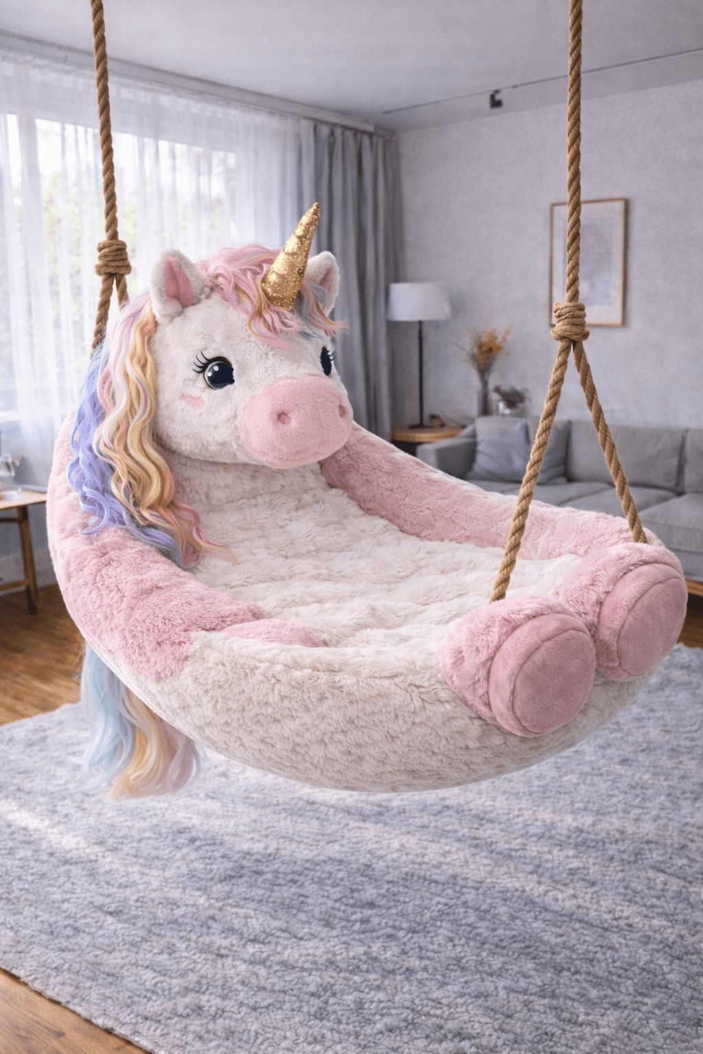 Unicorn hanging swing chair featuring rainbow mane hair and soft pink plush seating