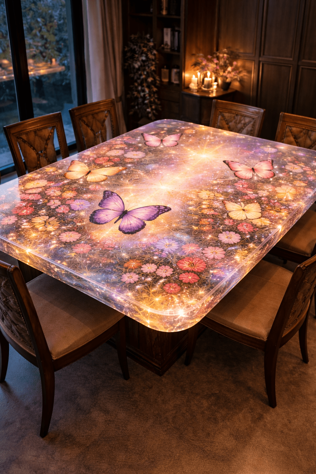 Pastel pink butterfly galaxy resin dining table with embedded flowers and soft LED glow