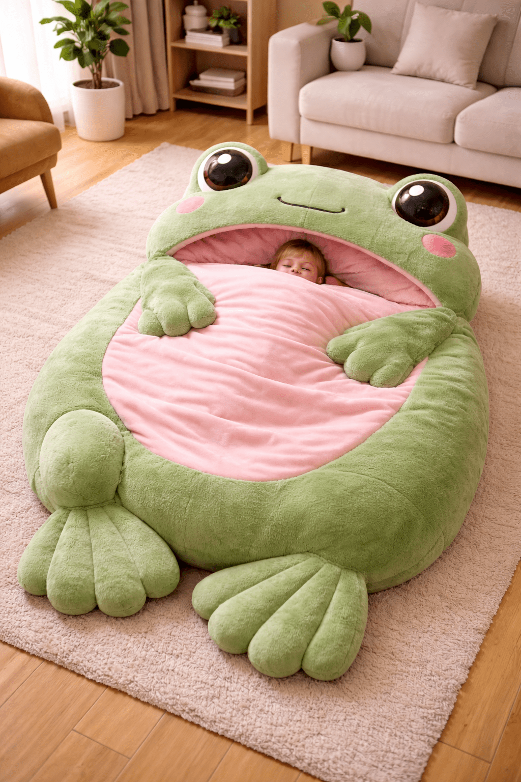 Child resting inside green frog plush sleeping bag with padded interior