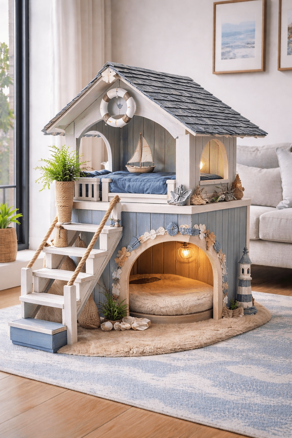 Nautical-themed double-storey coastal cat house with rope staircase, lifebuoy décor and cosy lower sleeping nook