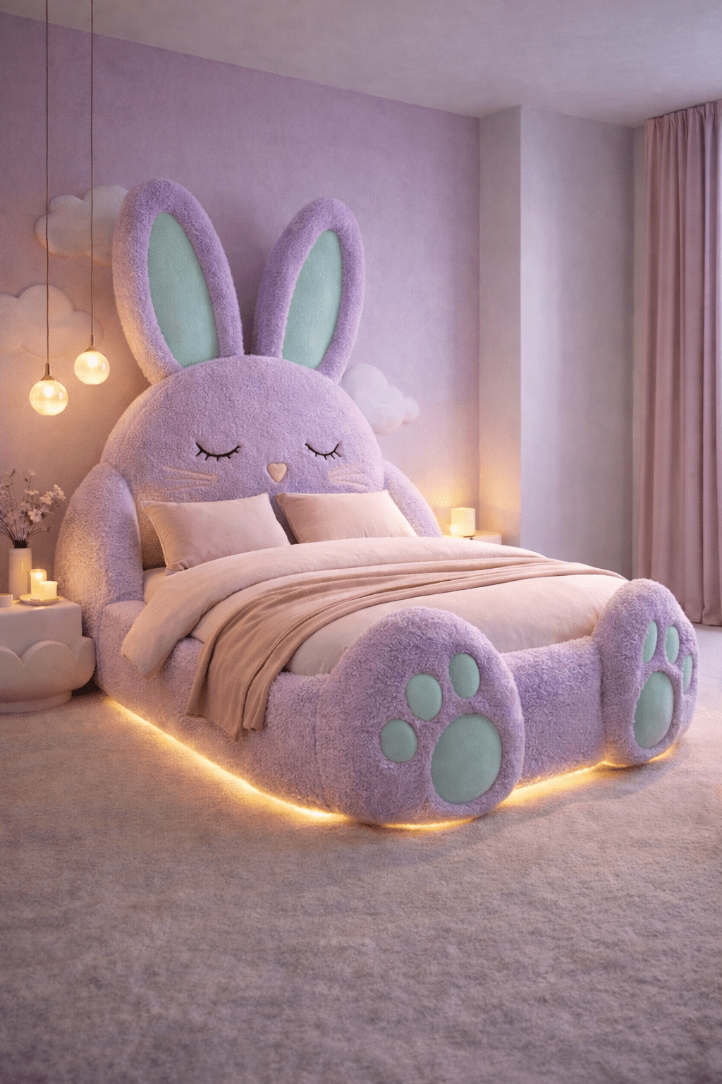 Oversized pastel purple plush bunny bed frame with illuminated base and soft bedroom décor
