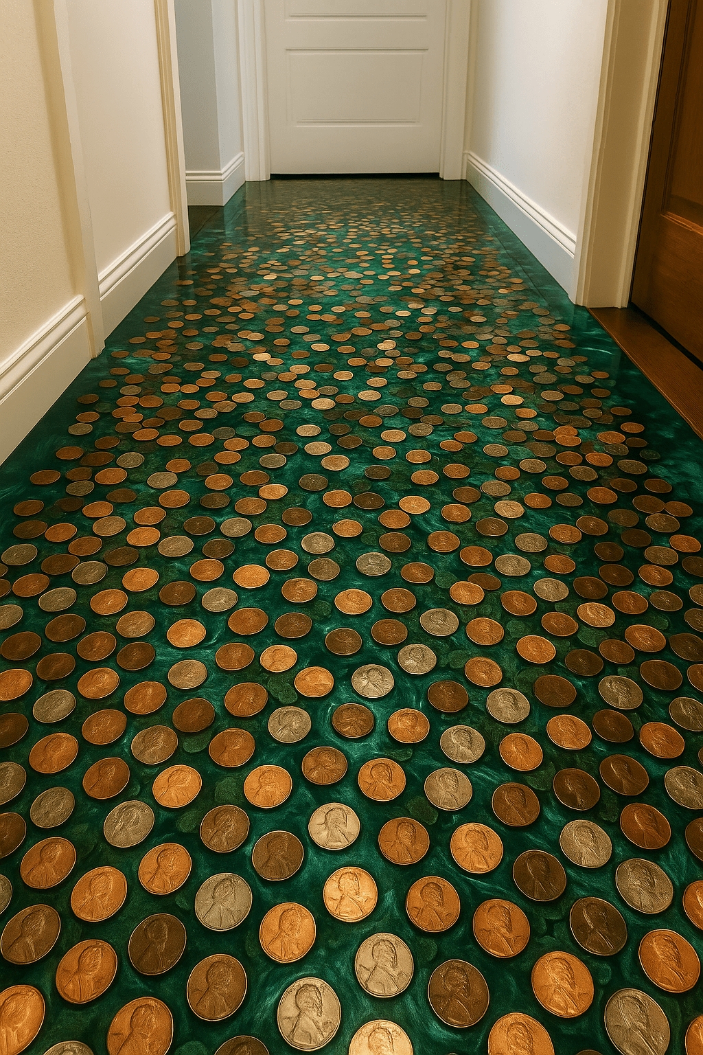 Green epoxy resin floor embedded with copper coins in a modern hallway