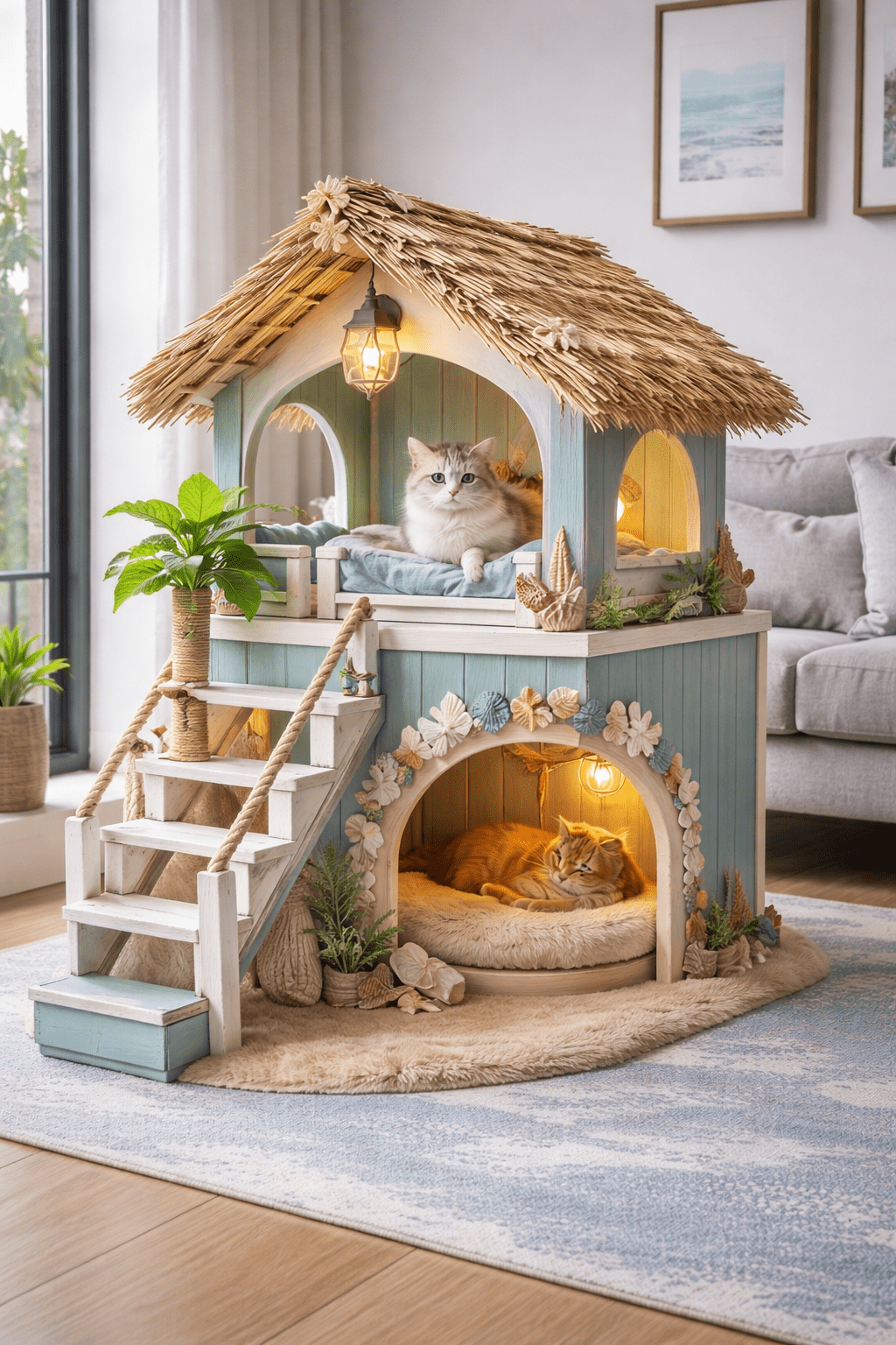 Rustic thatched roof coastal cat house with two levels, warm lantern lighting and cats relaxing inside