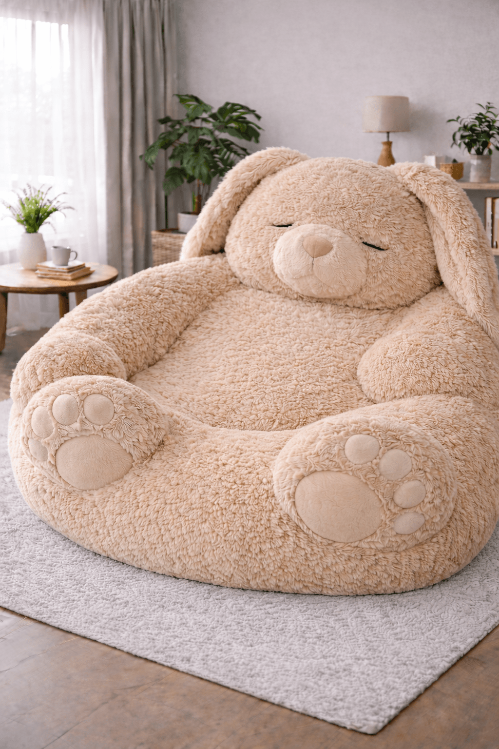 Oversized beige plush bunny bean bag chair with paw footrests in a cosy modern living space
