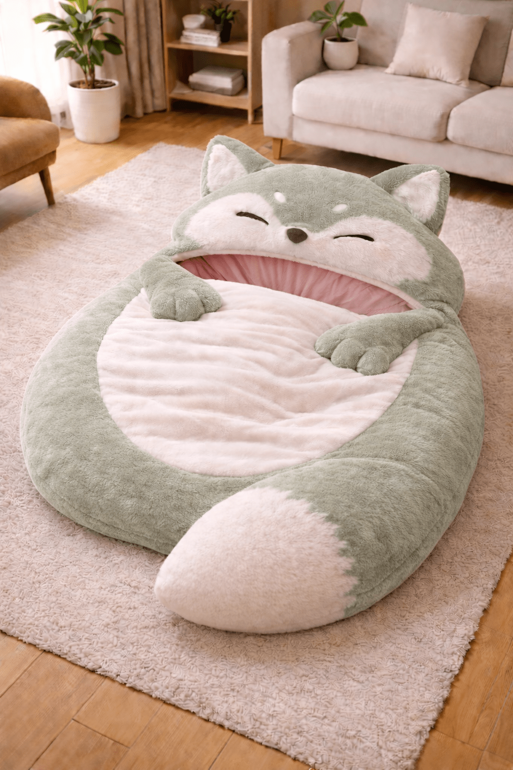 Sage green fox sleeping bag with hooded fox face canopy