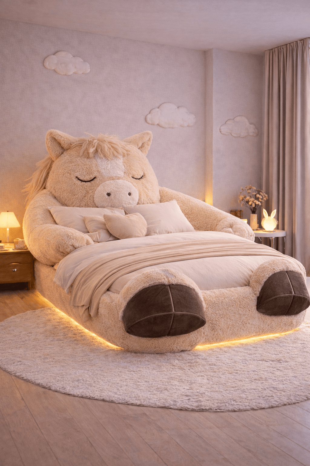 Neutral cream horse-shaped plush bed with LED base lighting in a warm bedroom setting