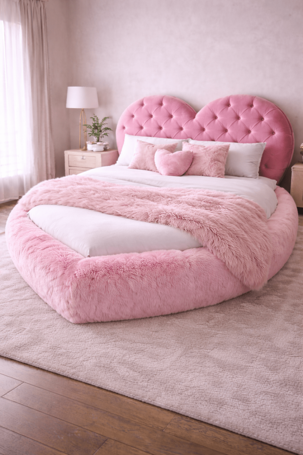 Pink heart-shaped plush bed with fluffy throw, tufted headboard, and soft romantic interior design
