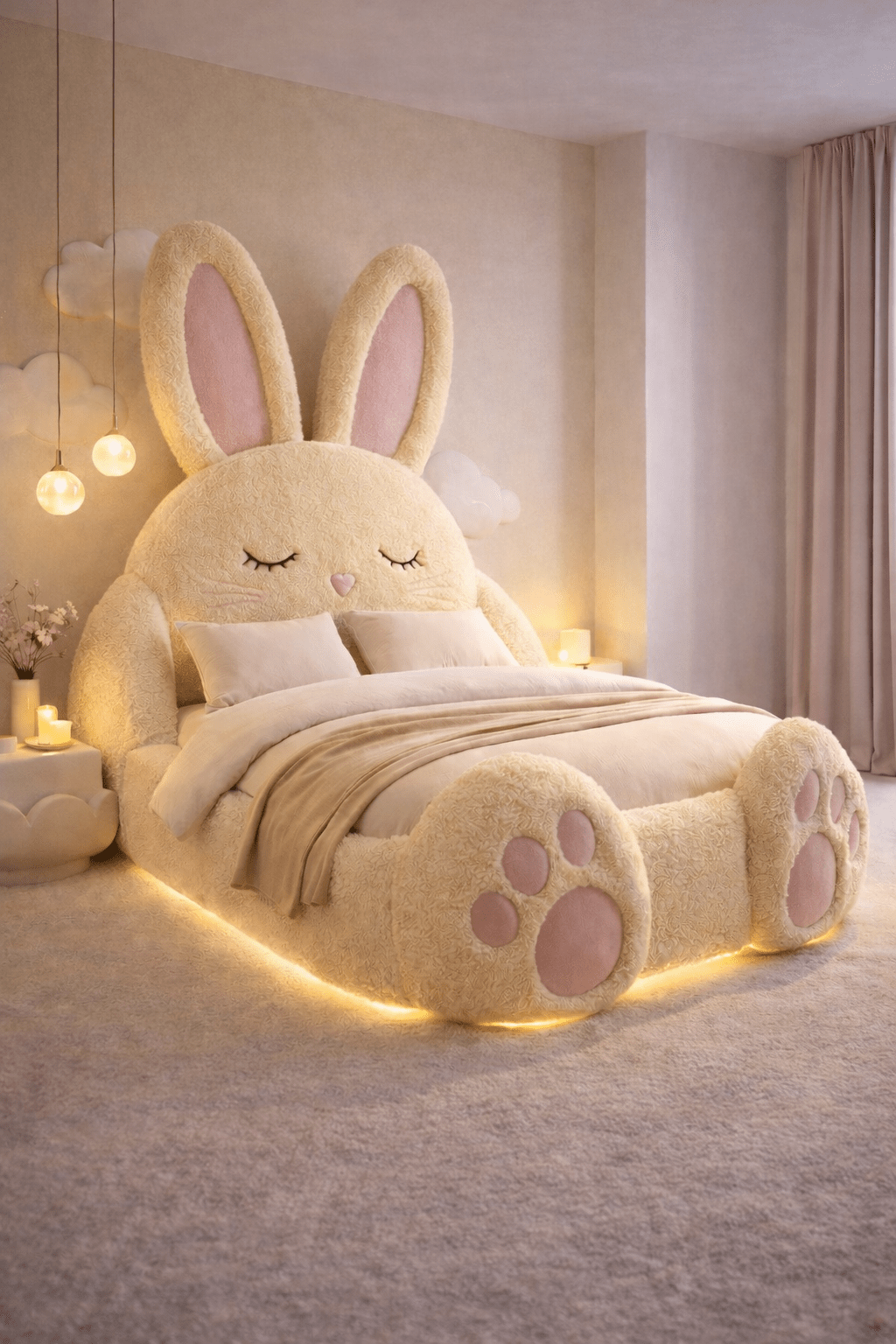 Creamy yellow plush bunny bed with pink ear details and glowing LED under-lighting