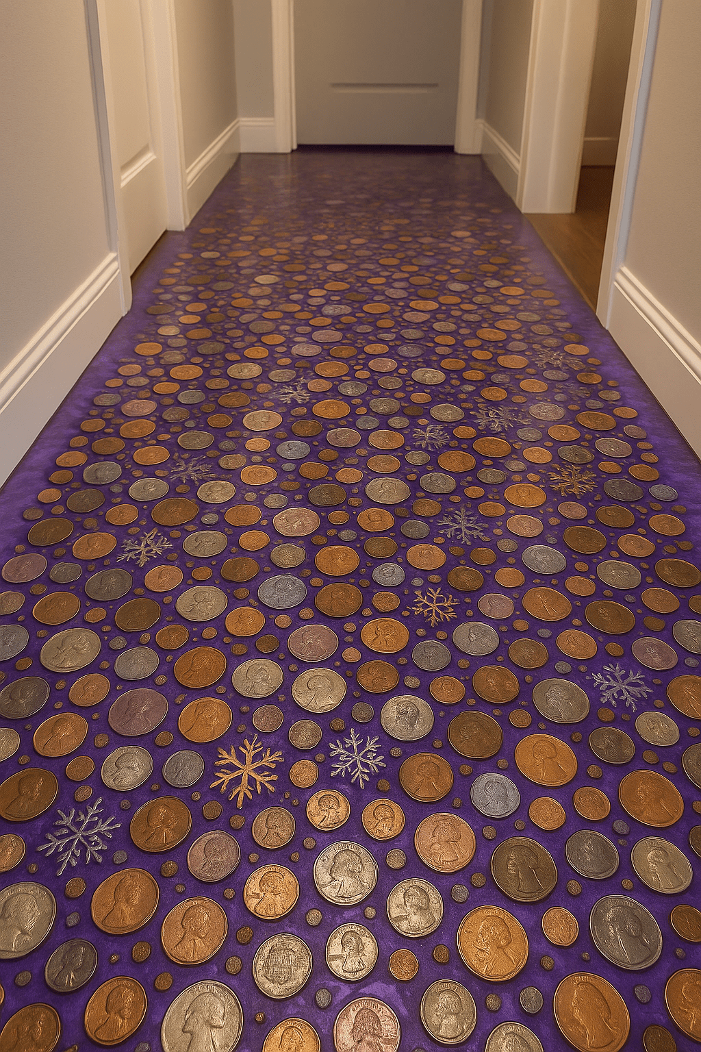 Purple epoxy coin floor with bronze and silver coin detailing