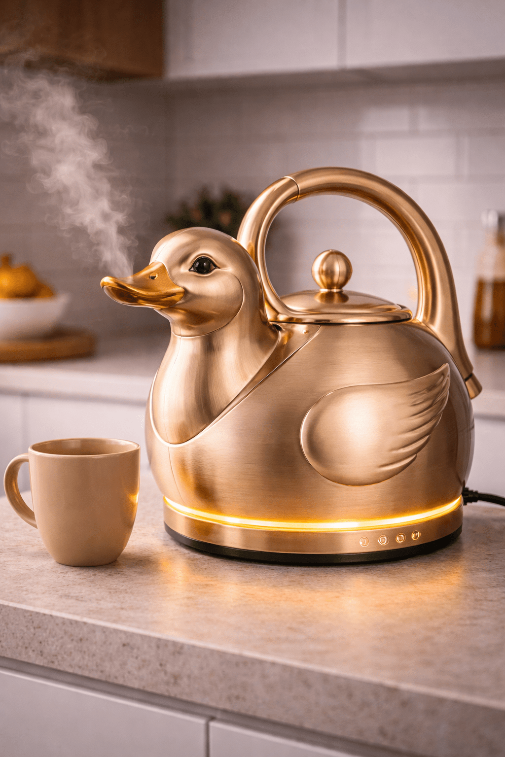 Metallic gold duck shaped electric kettle with warm LED light on kitchen countertop