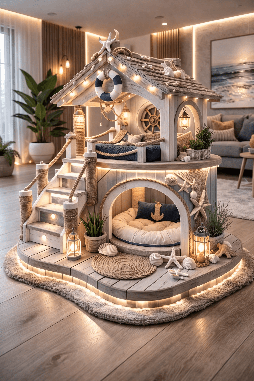 Luxury coastal cat house with LED lighting, rope railings, starfish décor and circular wooden base