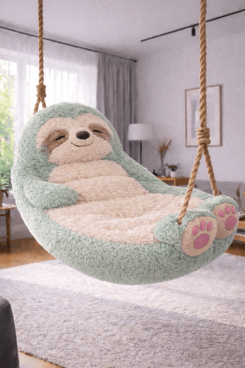 Mint green plush sloth hanging swing chair suspended in a cosy modern living room interior