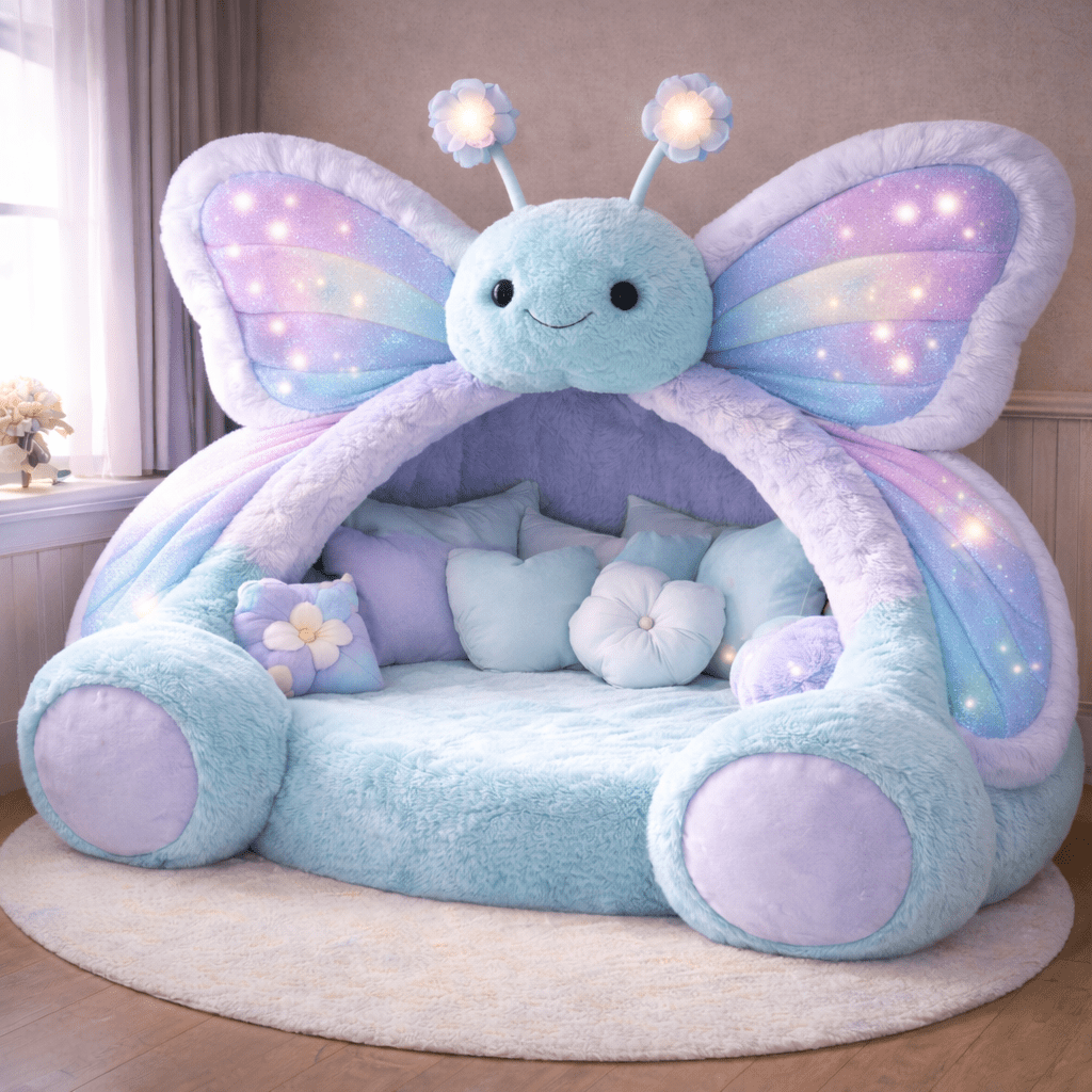 Soft blue and lavender butterfly reading nook pod with glowing LED wings in a calm bedroom setting