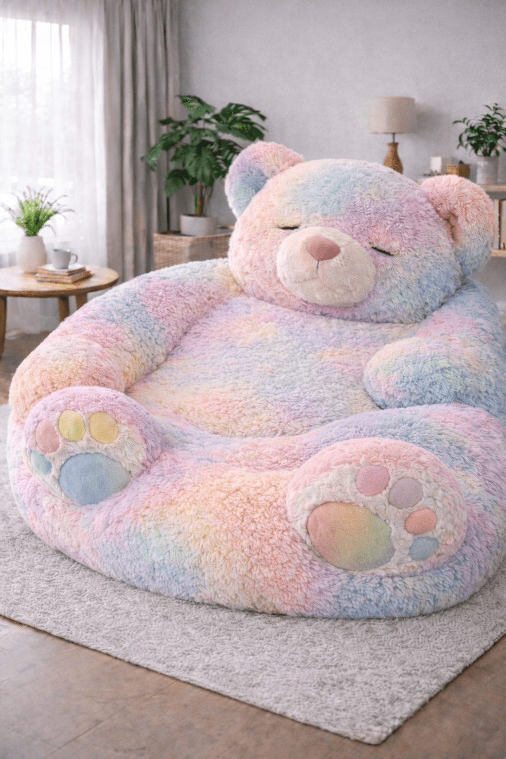 Colourful pastel rainbow giant chair with paw footrests