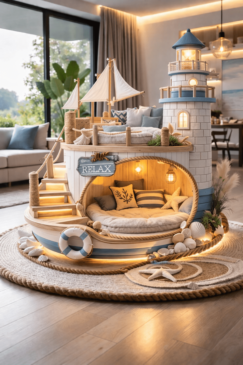 Lighthouse-themed coastal cat house with upper balcony, sail canopy and illuminated lower lounging area