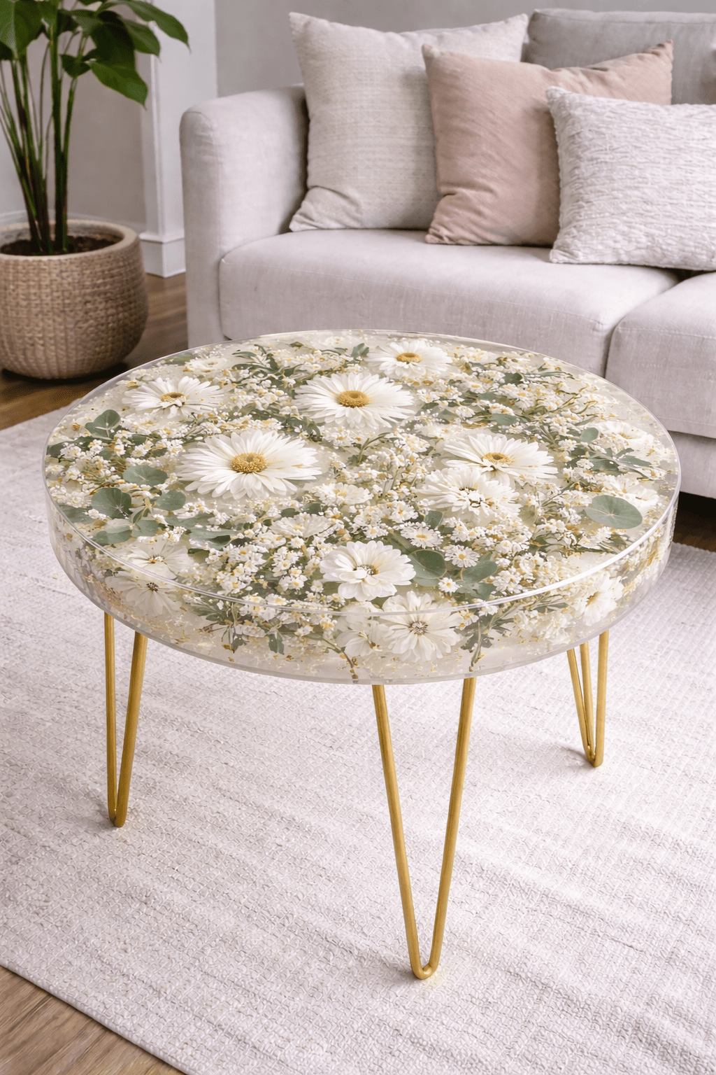 Clear resin coffee table embedded with white daisies and delicate florals, styled in a neutral contemporary lounge
