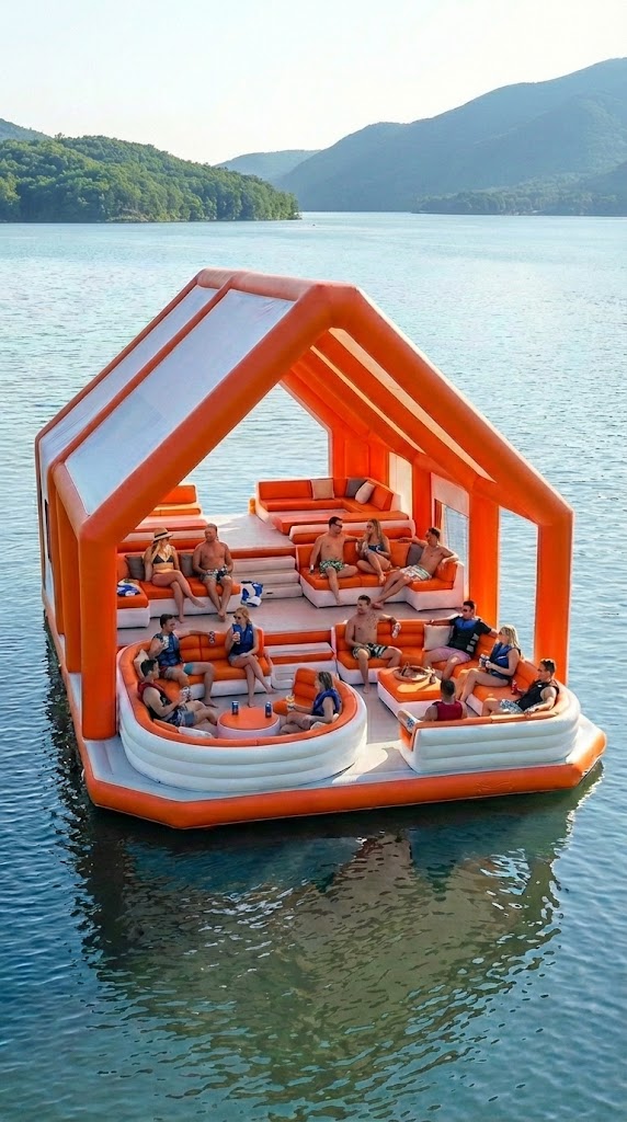 Large orange inflatable floating lounge house with tiered seating and social areas on calm lake water