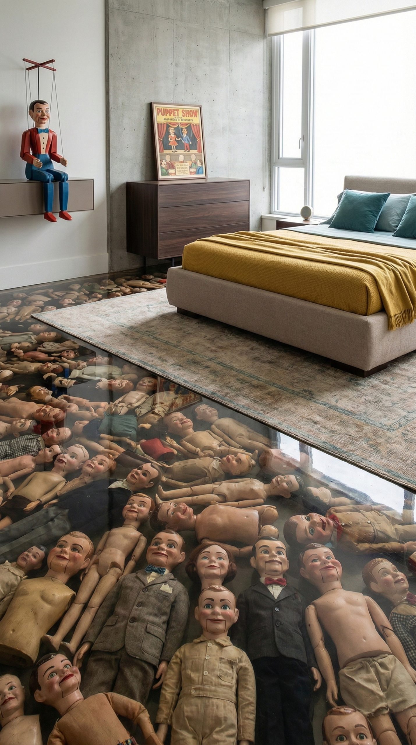 Vintage ventriloquist puppets embedded beneath clear epoxy resin flooring in a contemporary bedroom interior