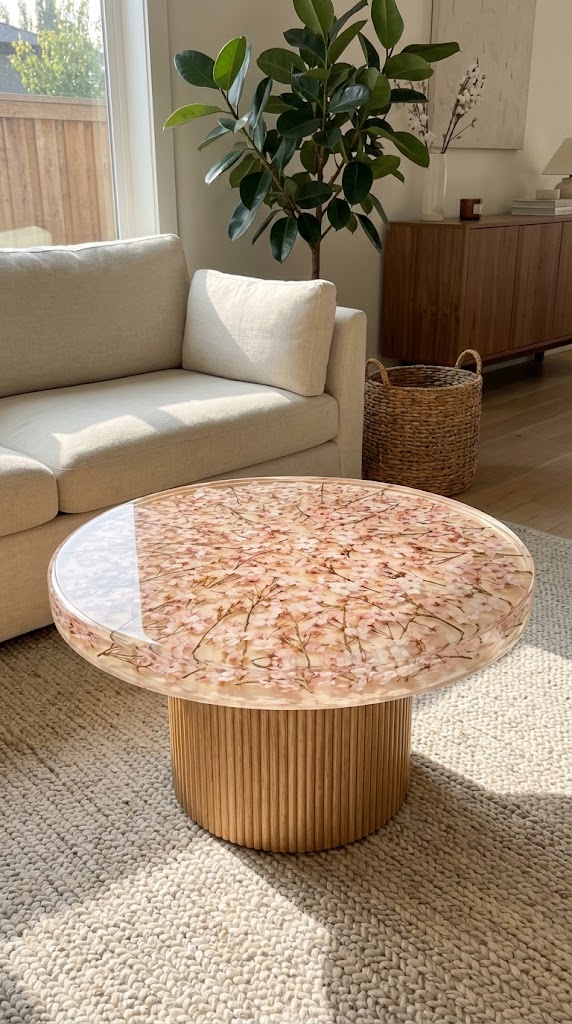 Round blush pink floral epoxy resin coffee table with real pressed flowers, set in a modern living room with neutral sofa, wooden sideboard, and indoor plant.