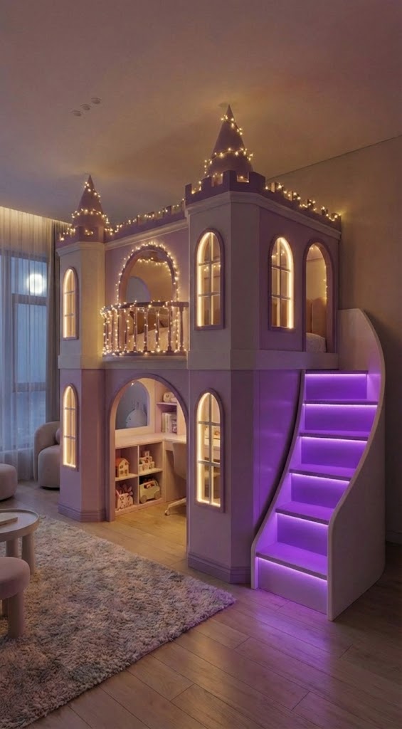 Luxury princess castle loft bed with illuminated purple LED stairs, balcony play area, and fairytale tower design in a modern child’s bedroom.