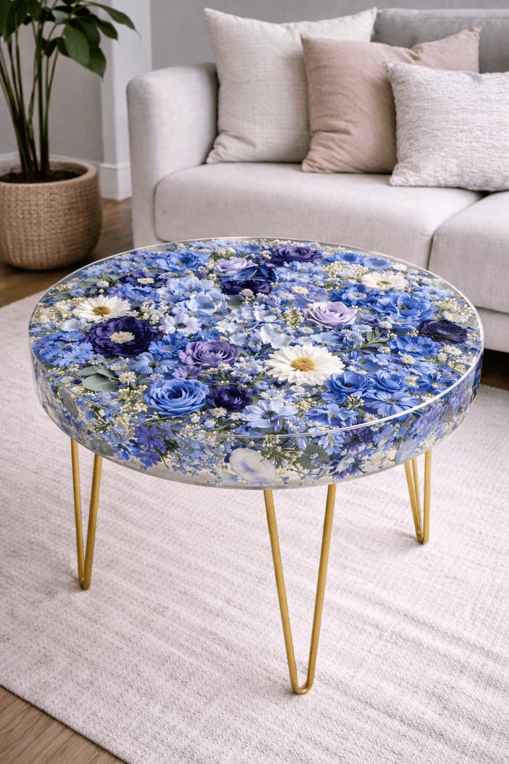 Round resin coffee table featuring preserved blue roses and wildflowers with gold legs in a stylish living space