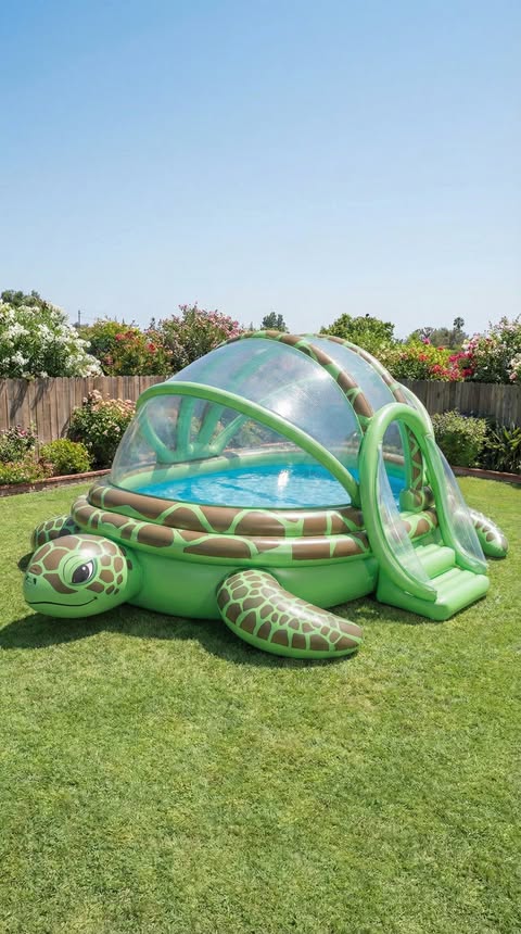 Large turtle-shaped inflatable dome paddling pool with transparent canopy and slide in a suburban garden