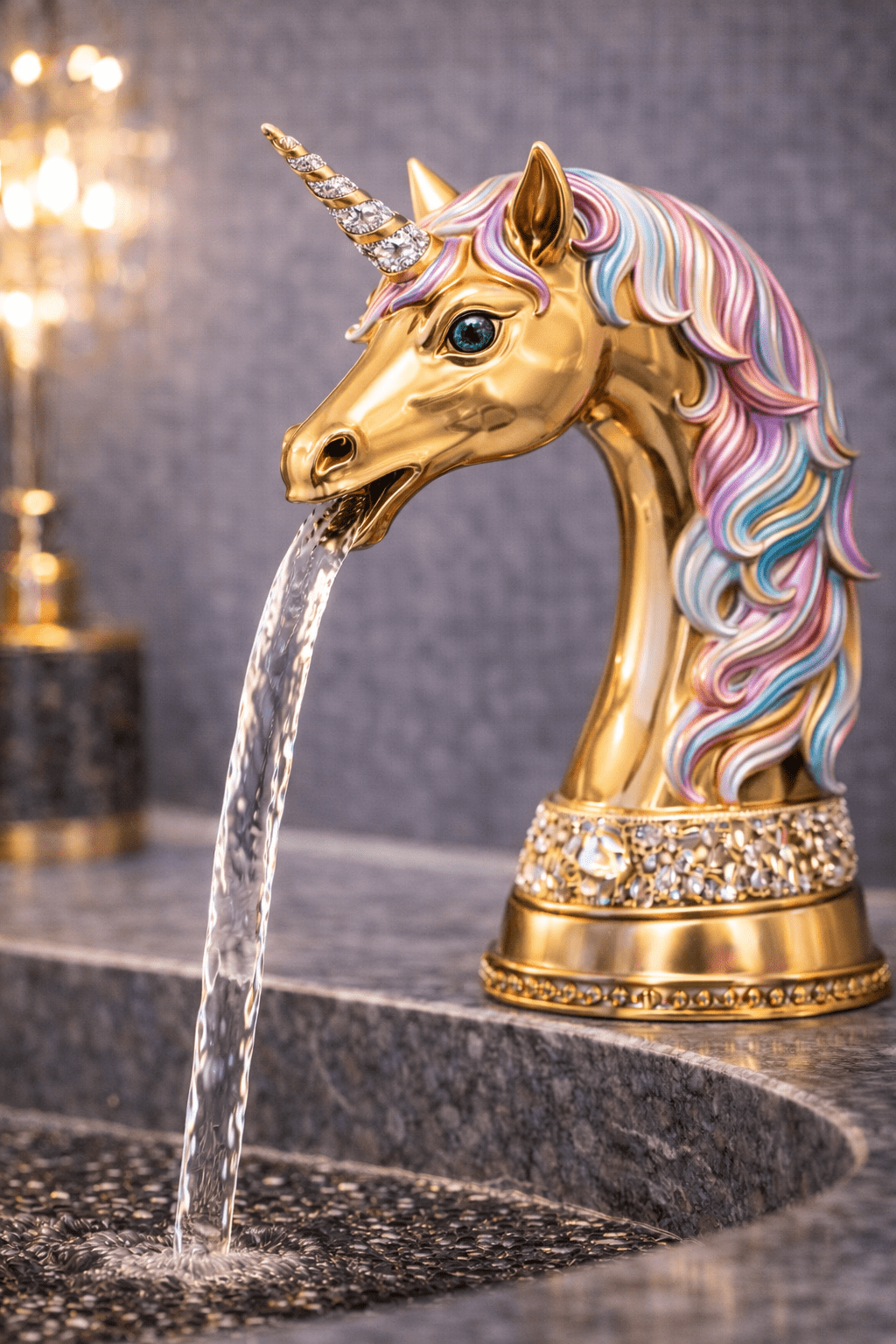 Gold unicorn head bathroom tap featuring rainbow mane and crystal base detail