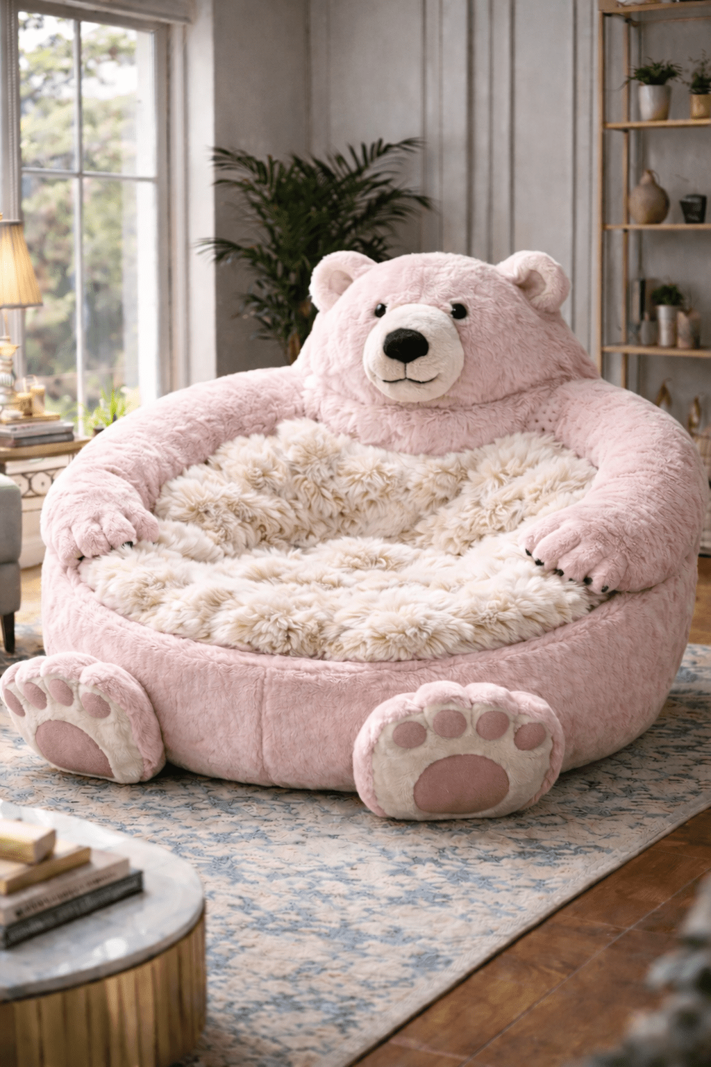 Oversized pink polar bear plush lounger chair with deep faux fur seating
