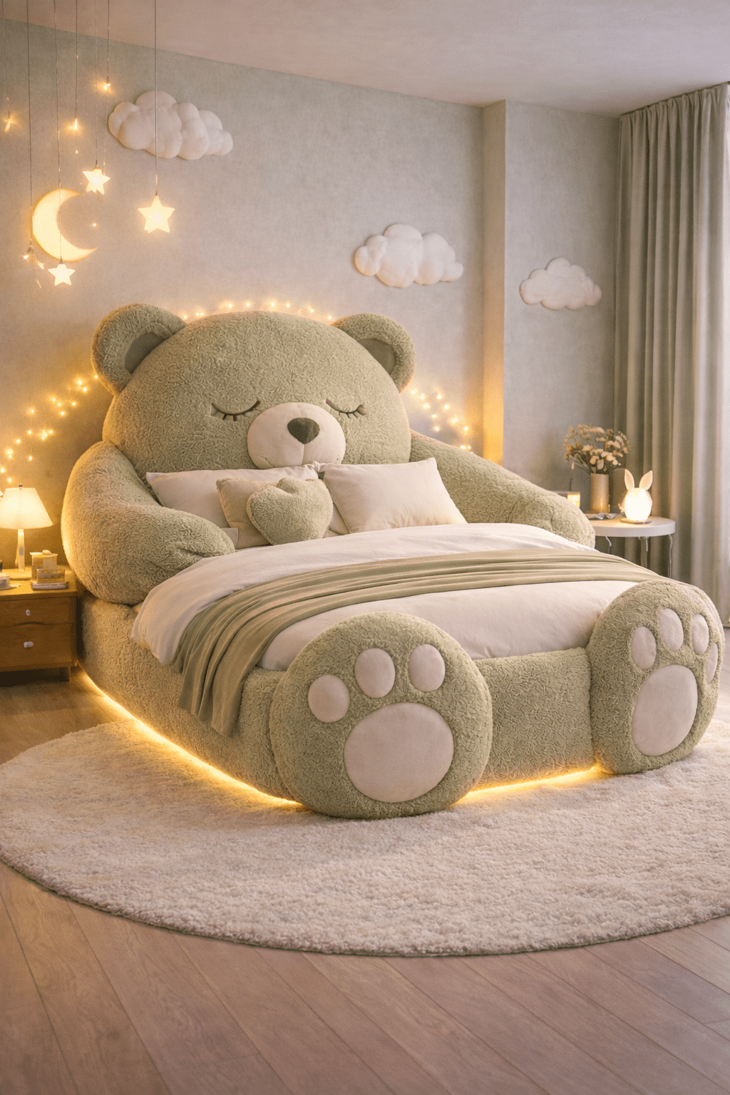 Giant sage green teddy bear bed with plush upholstery and cosy ambient bedroom lighting