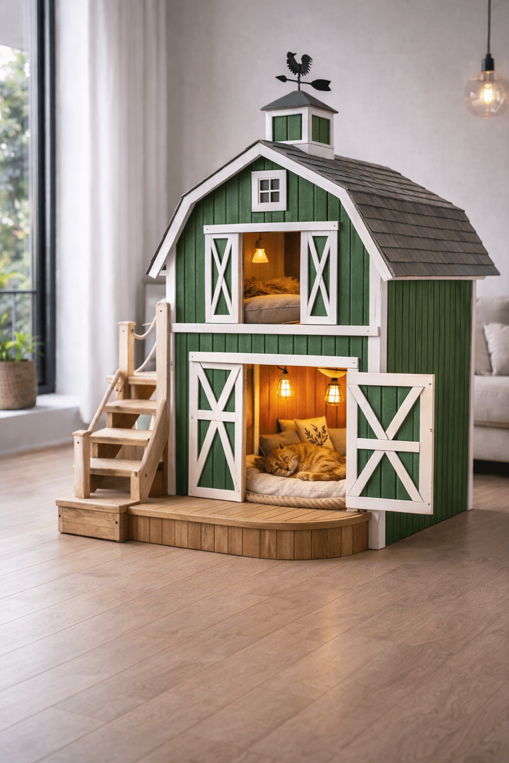 Green wooden barn-shaped cat house with white trim, staircase and glowing interior lights