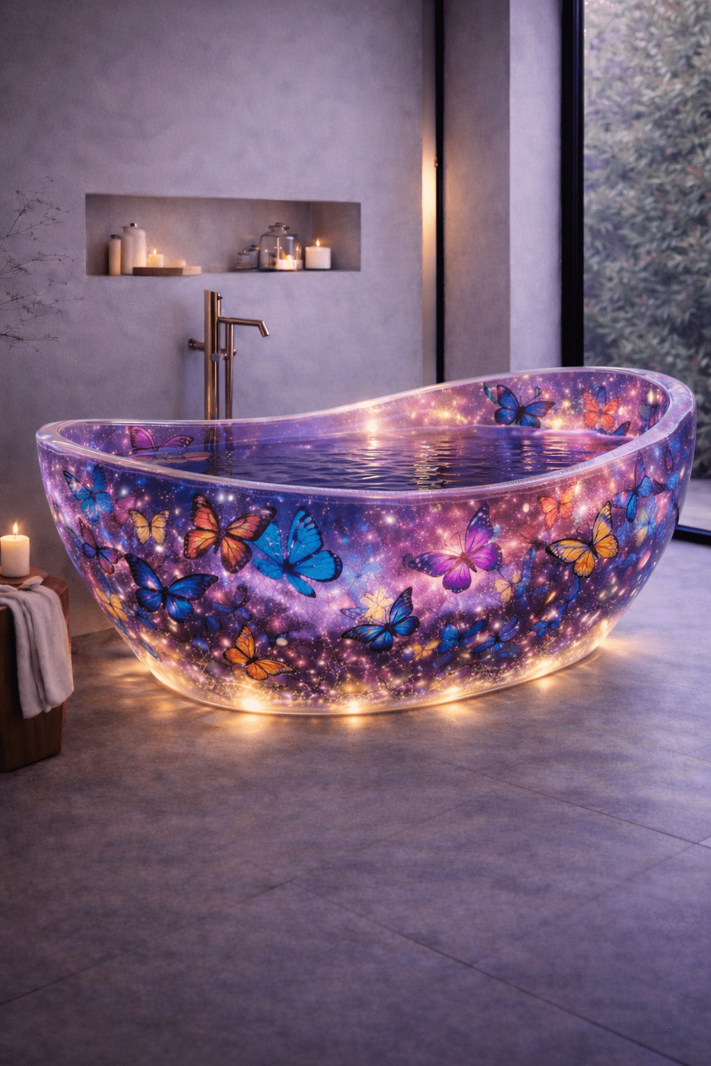 Luxury purple galaxy resin bathtub featuring illuminated butterflies and cosmic sparkle effects.