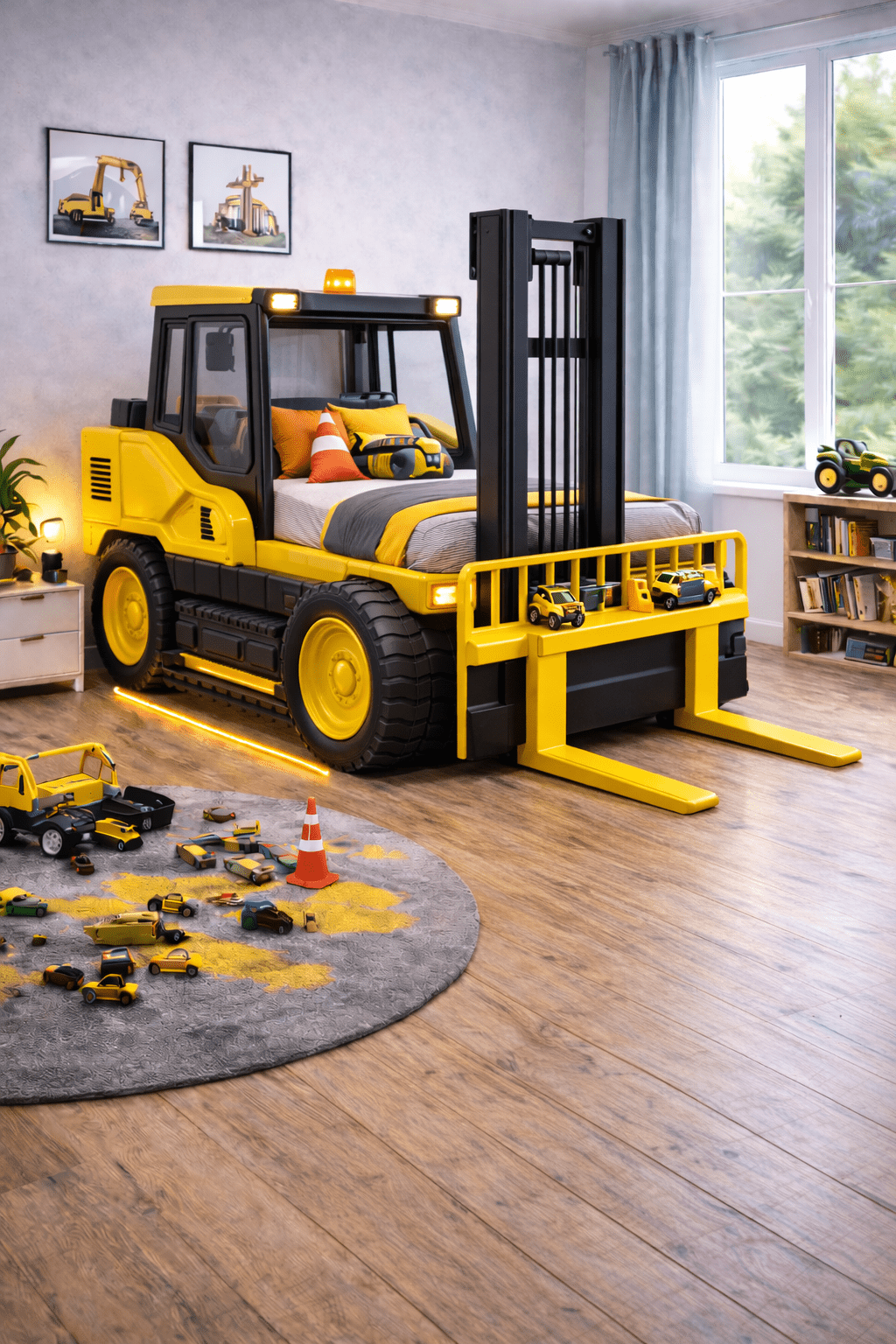 Forklift-inspired children’s bed with lift bars and heavy-duty wheels in a contemporary room