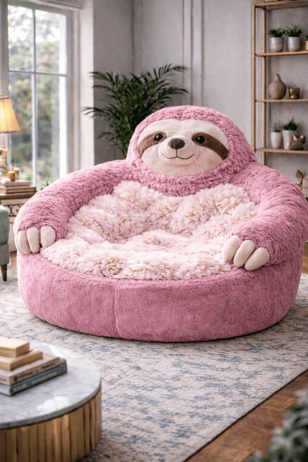 Pink sloth plush lounger chair with deep fluffy seating placed in a bright stylish lounge