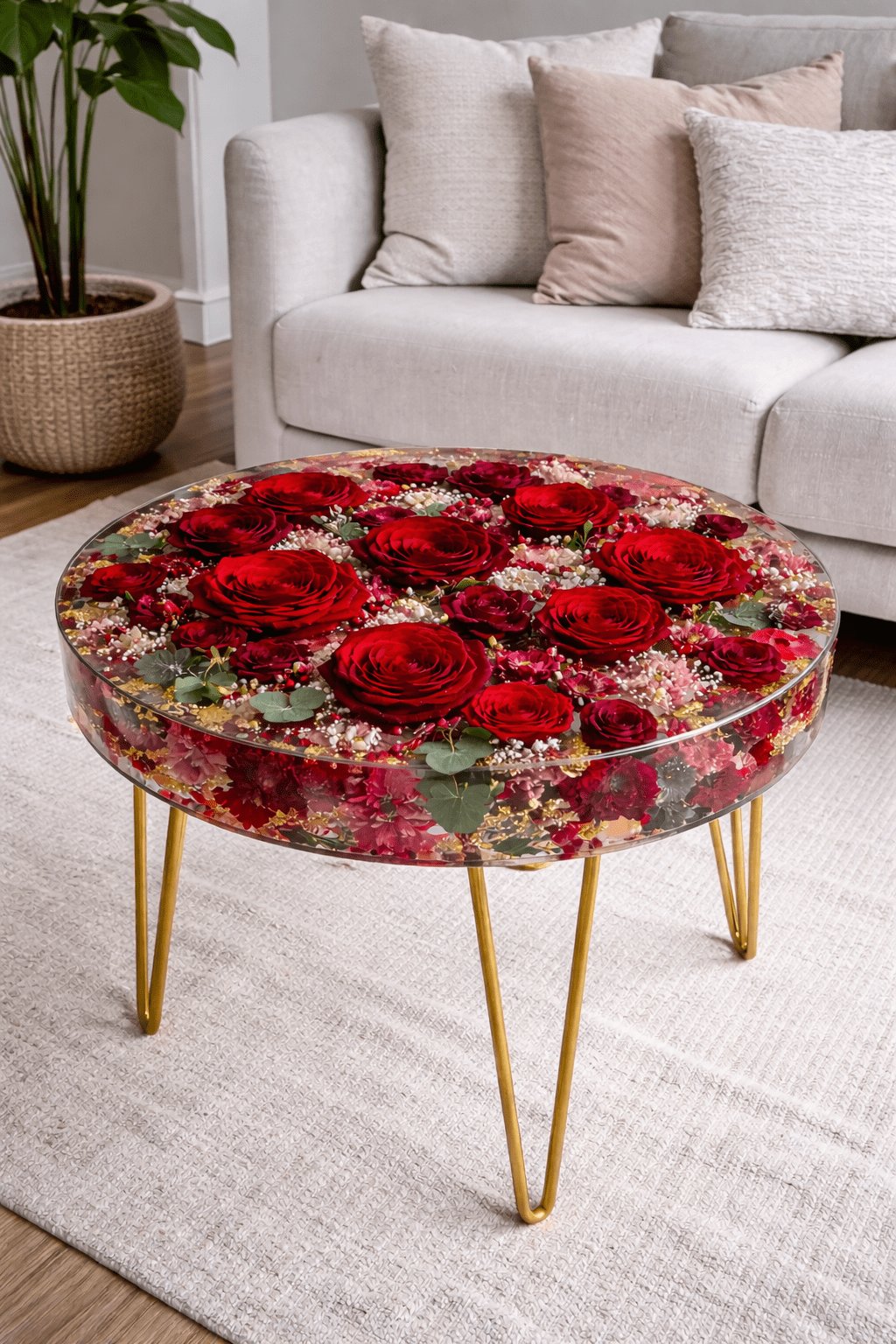 Round epoxy resin coffee table filled with preserved red roses and florals, featuring gold hairpin legs in a modern living room
