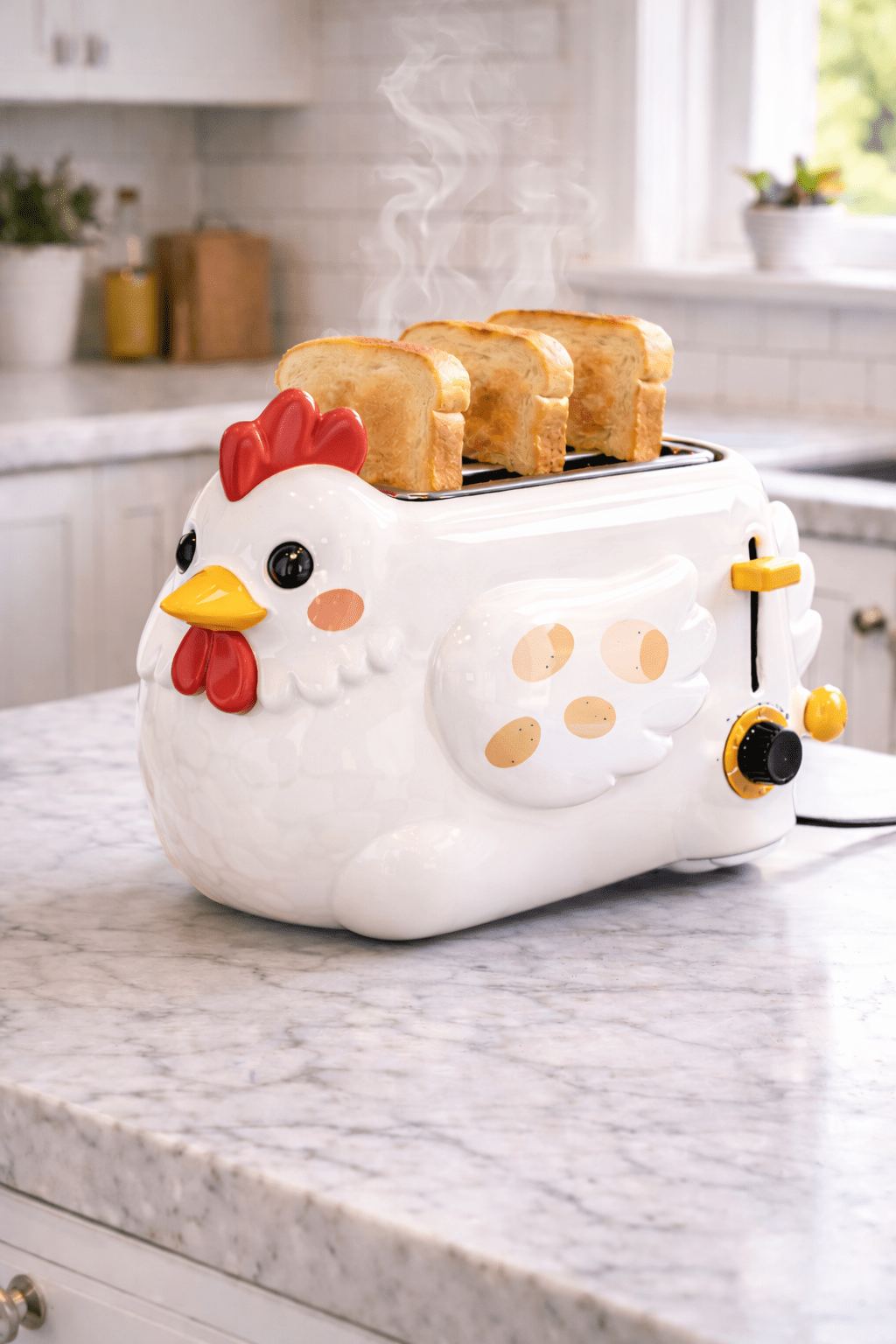 White chicken-shaped toaster featuring four slices of toasted bread in a bright kitchen