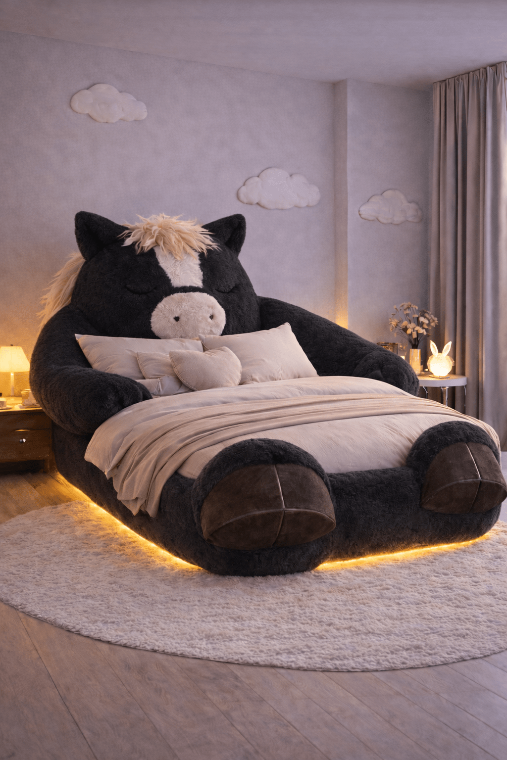 Large charcoal black horse-shaped plush bed with warm LED underlighting in a cosy modern bedroom
