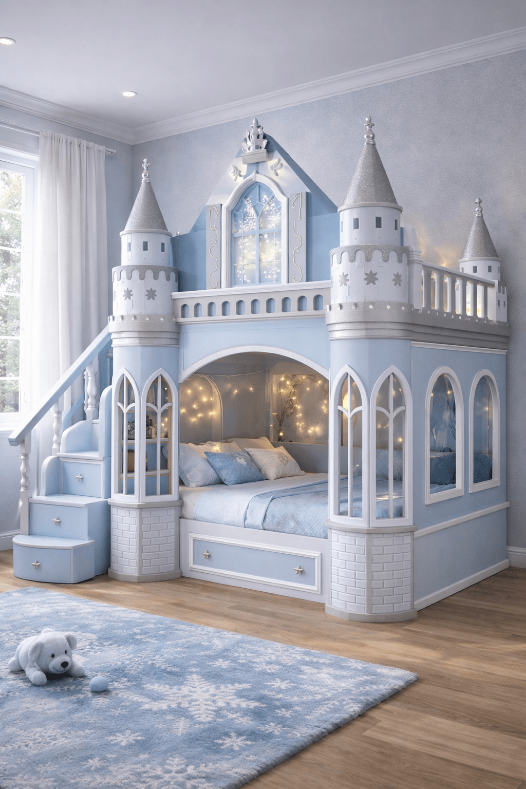 Blue and white ice princess castle bed with glitter turrets, staircase storage, and fairy lights