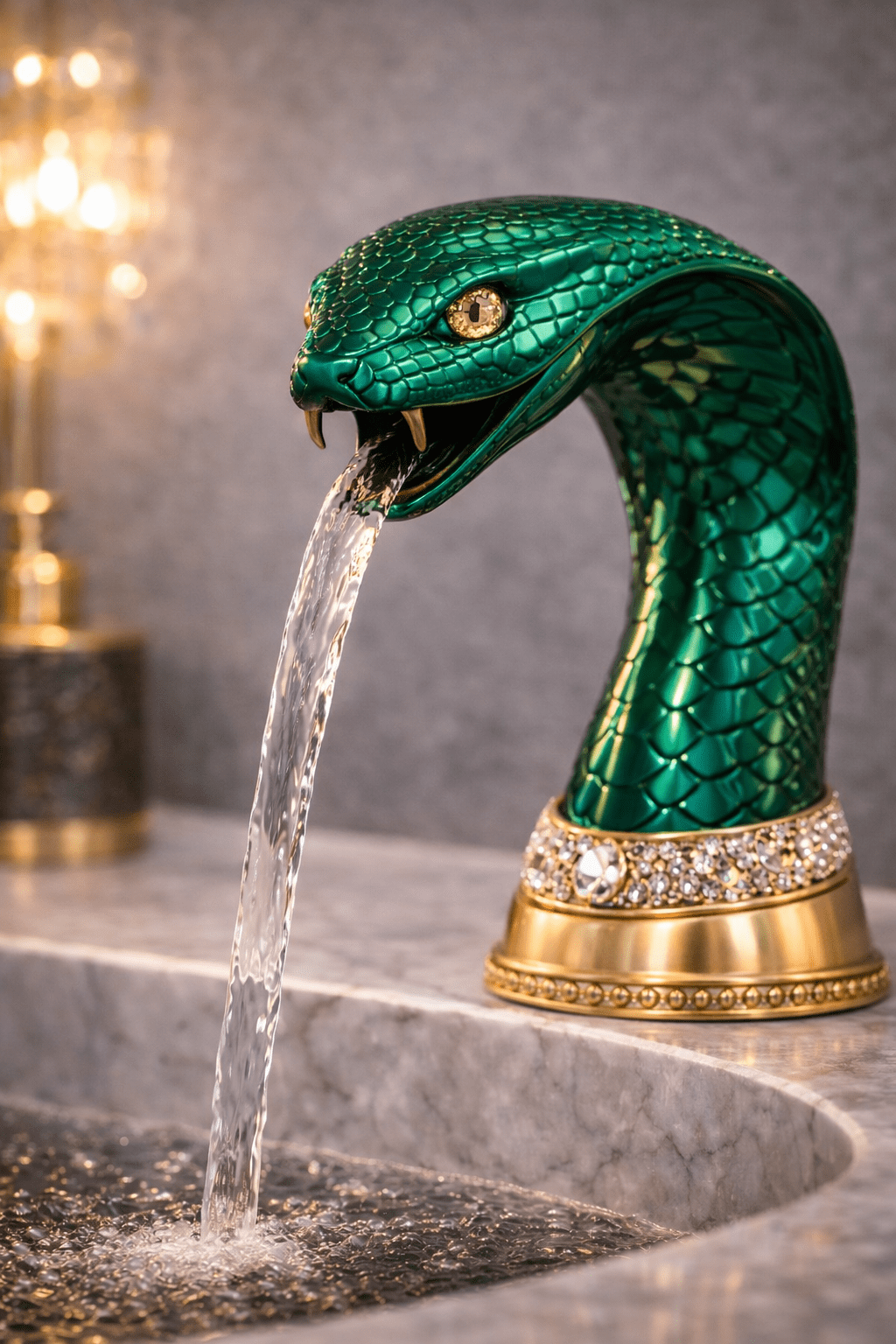Metallic emerald green snake tap faucet with gold base in luxury bathroom setting