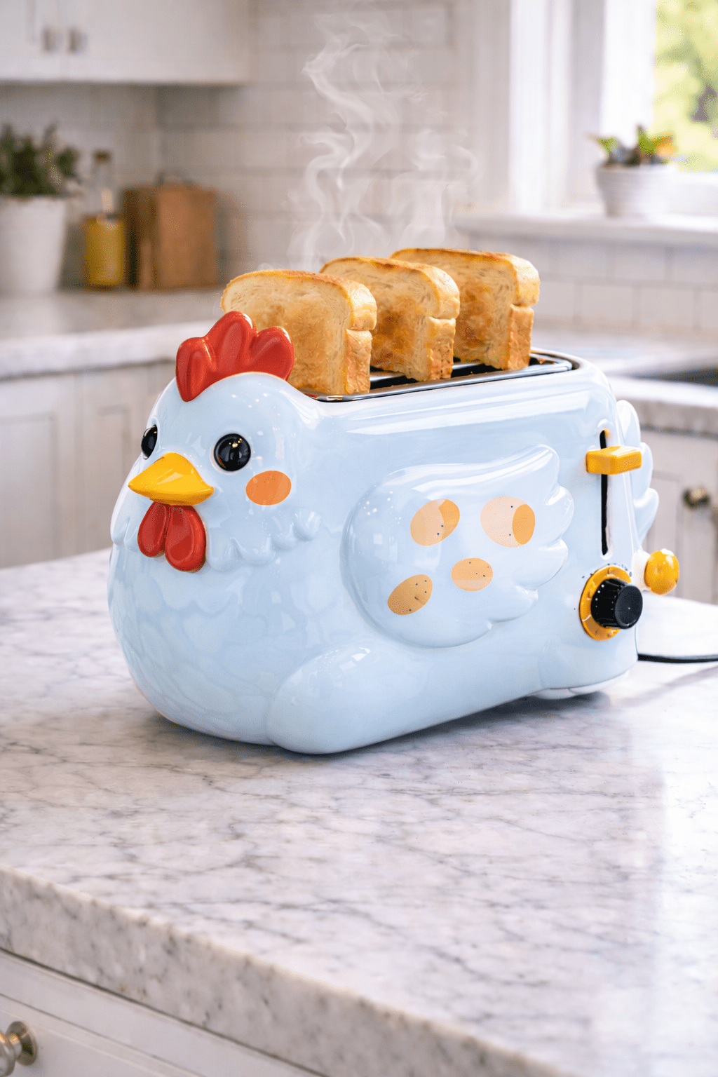 Pastel blue chicken toaster on marble countertop with warm toasted bread