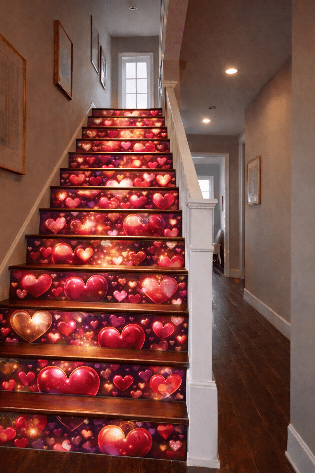 Deep red glowing heart staircase risers creating a dramatic romantic hallway feature