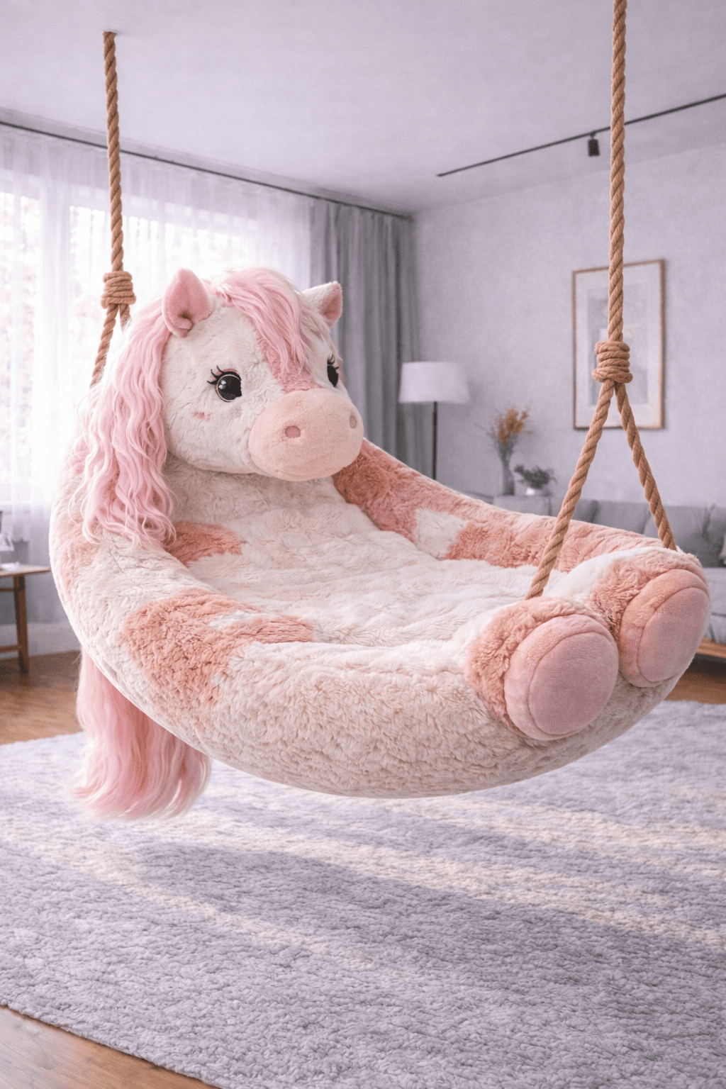 Pink pastel plush horse swing chair suspended in a cosy, softly lit interior
