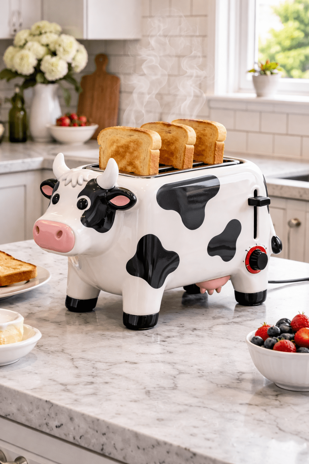 Novelty black and white cow-shaped toaster with steaming toast in a modern kitchen
