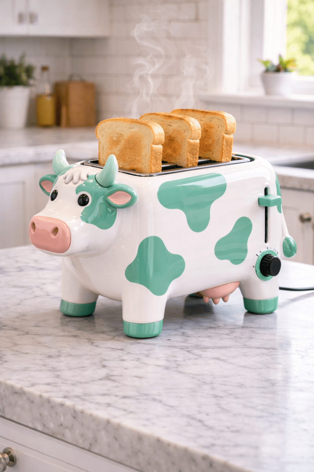 Mint green cow-shaped toaster with four slices of toast on a marble worktop
