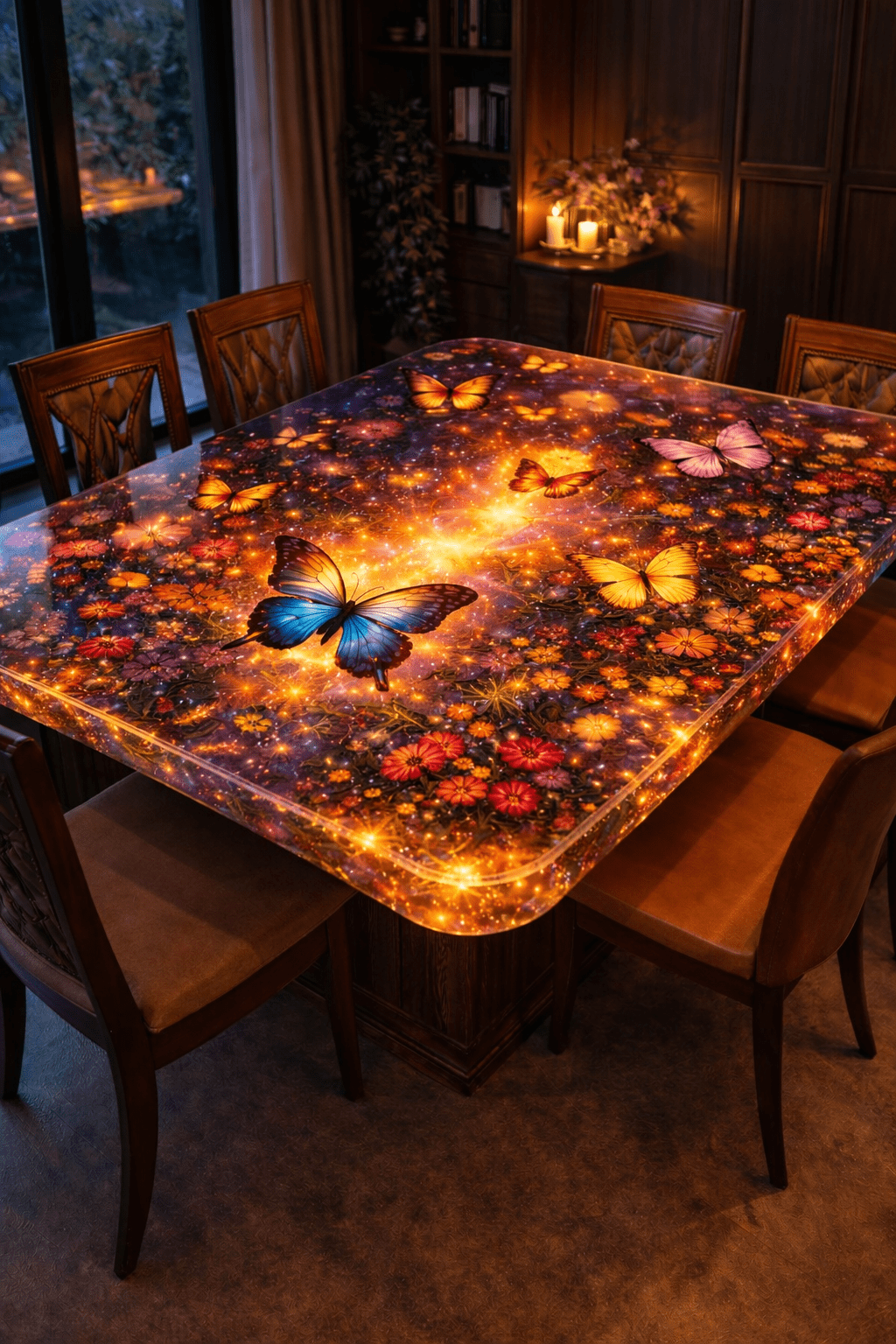 Warm amber butterfly galaxy resin dining table with glowing cosmic lighting and floral details