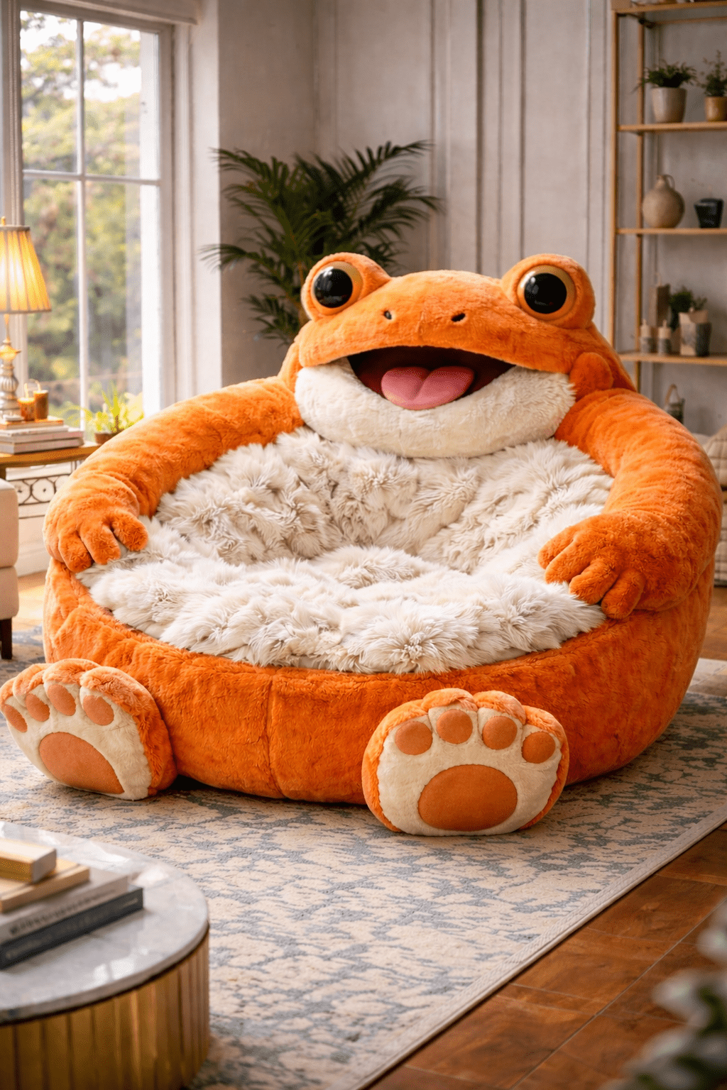 Large orange frog plush lounge chair with soft cushioned interior in stylish home setting
