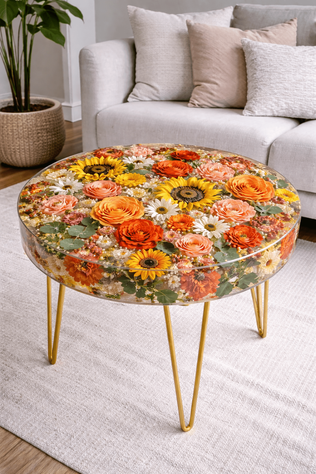 Vibrant epoxy resin coffee table with sunflowers, orange roses, and mixed florals set on gold hairpin legs