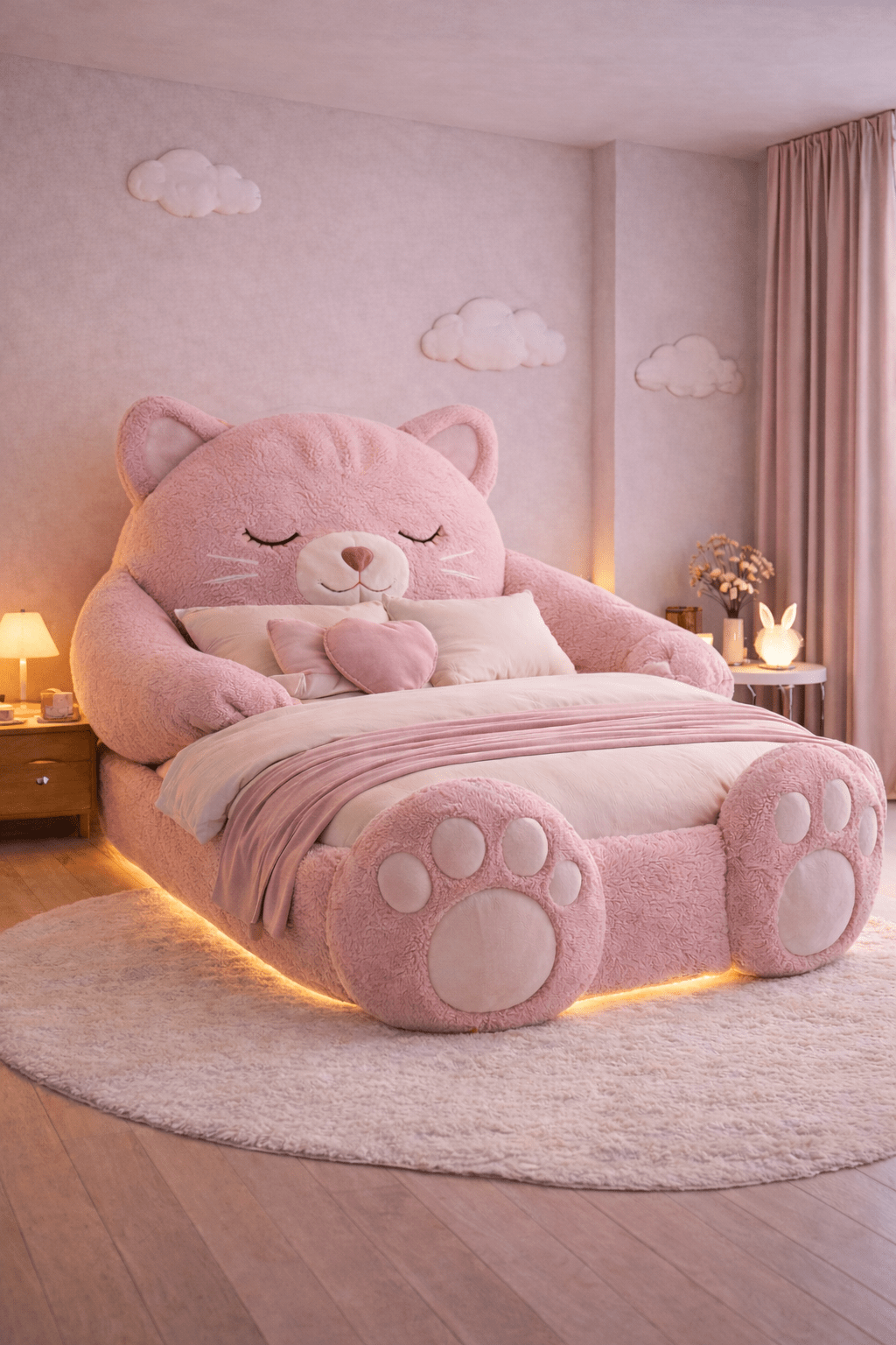 Giant pink plush cat bed frame with paw footboard and ambient LED underglow in pastel bedroom